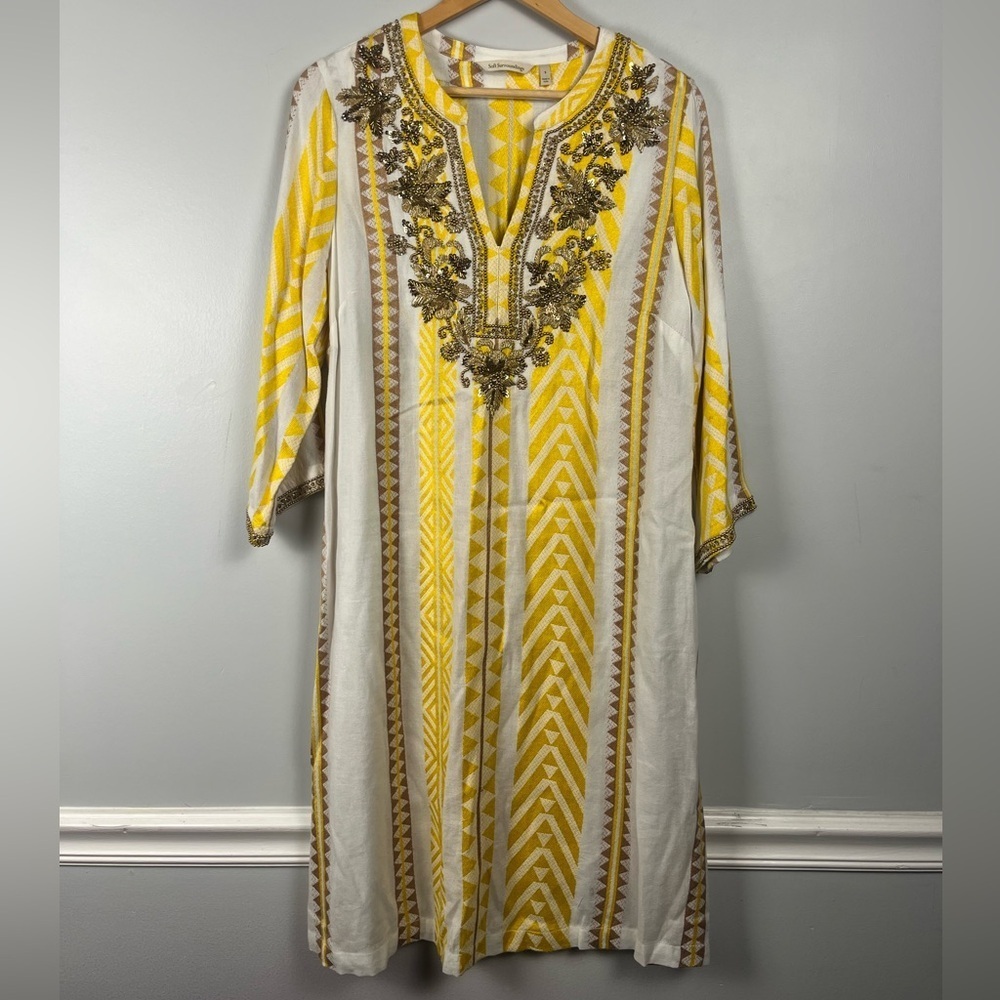 Soft surroundings yellow white embellished Embrodiered dress size small